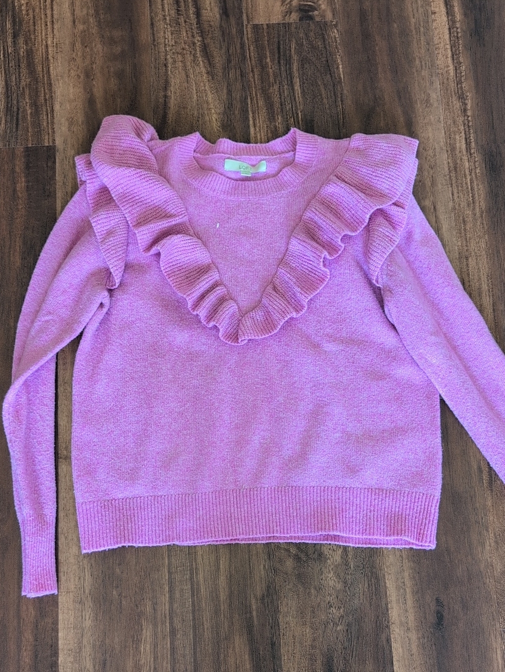 LOFT Pink Ruffle-Trim Crewneck Sweater